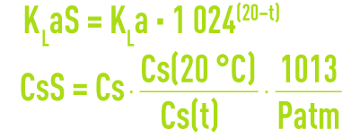 Formule : systèmes aération - capacité d'oxygénation - passage valeurs d'essai en eau claire aux valeurs en conditions standards