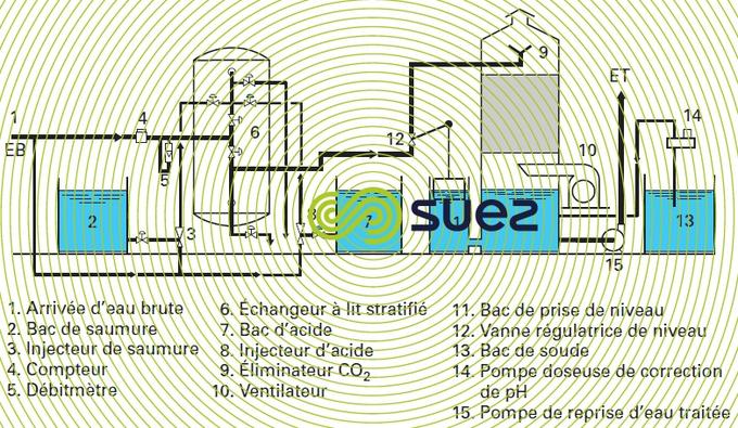 Décarbonatation adoucissement lit stratifié carboxylique-sulfonique